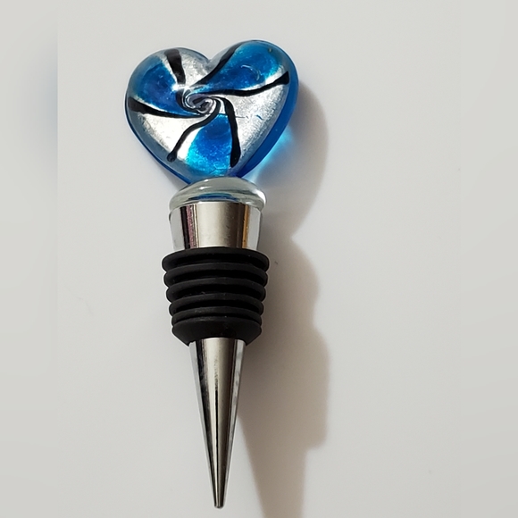 Wine bottle topper heart hand blown glass murano style blue foil Valentine’s Day - Picture 1 of 6